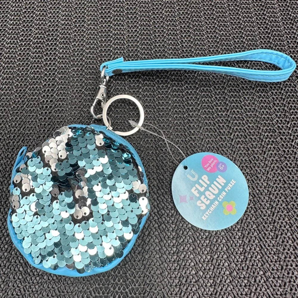 U Style Flip Sequin Keychain Coin Purse Blue Silver Wristlet NWT 25177